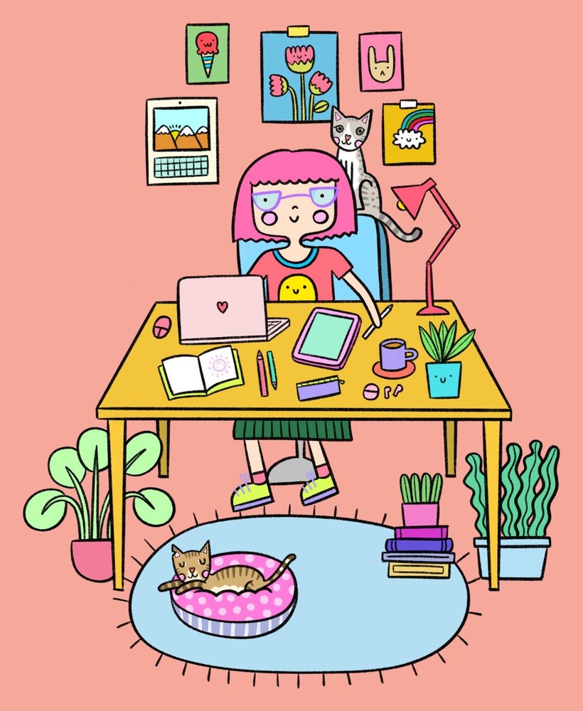 Ilustración de Filigrana de Ideas: Gabu dibujando en su escritorio con dos gatos