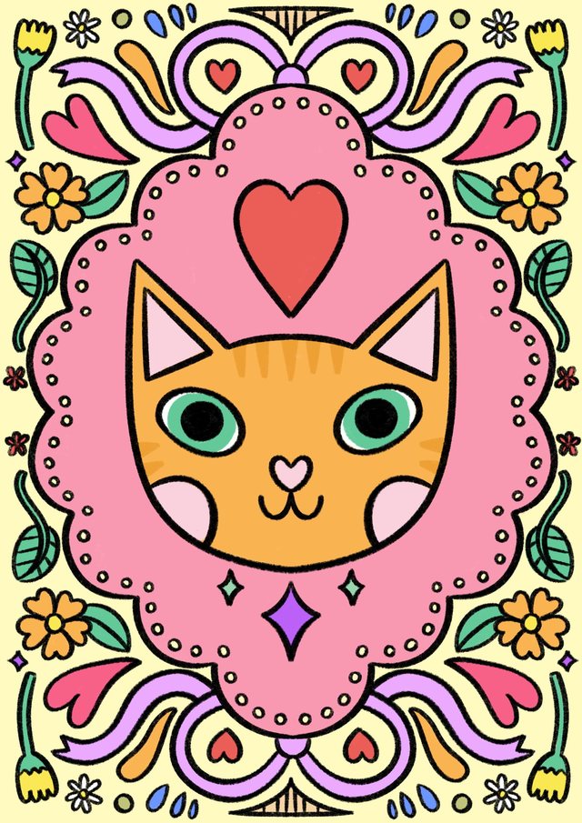 Cara de gato naranja dentro de un marco rosa con flores y corazones