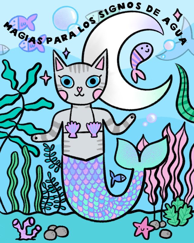 Gata sirena bajo el agua con una luna: Magias para los signos de agua